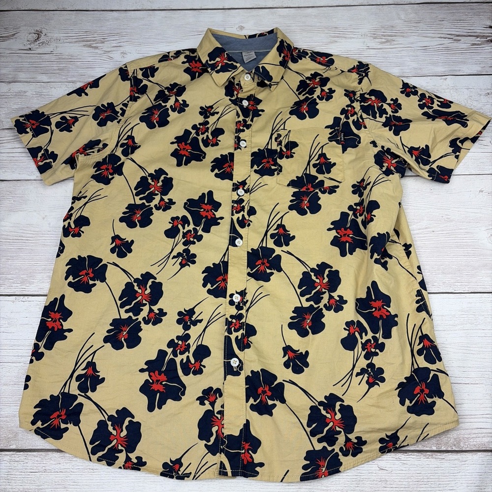 Hurley Men's Large Short Sleeve Woven Patio Shirt Maple Cream Floral